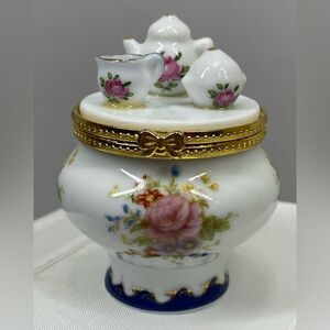Porcelain Tea Time Trinket Box White Pink Rose Pattern Cobalt Blue and Gold Trim